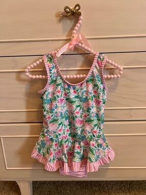 Girls Floral Peplum Swimsuit - Pink, Green, White